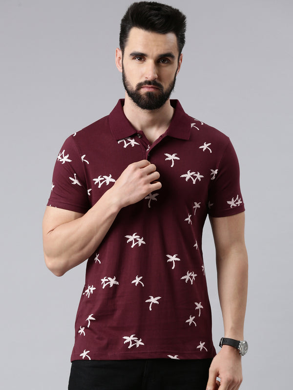 Men Floral Printed Polo Collar Tropical Cotton T-shirt