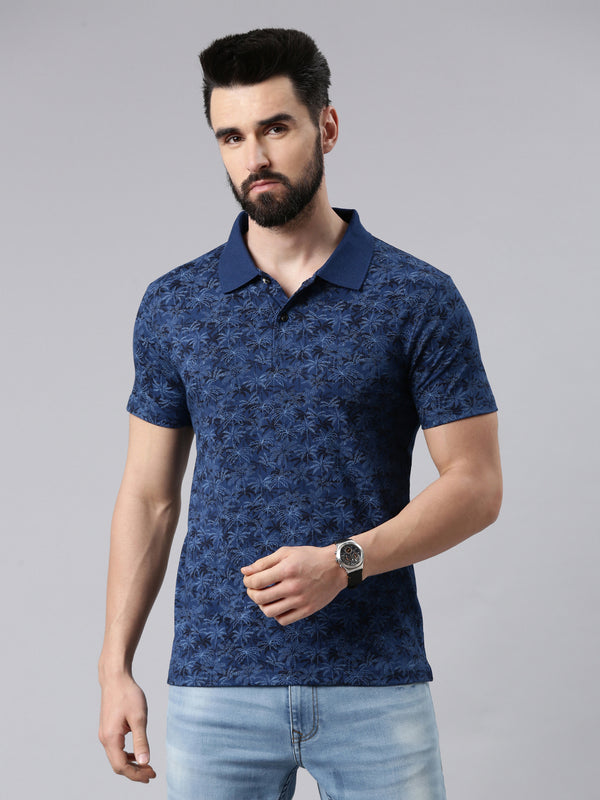 Men Floral Printed Polo Collar Tropical Cotton T-shirt