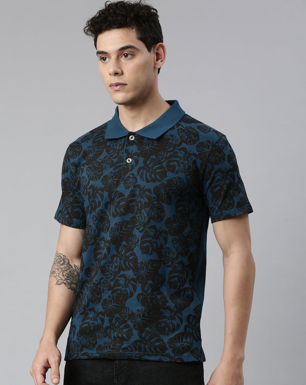 Men Tropical Printed Cotton Polo Collar T-shirt