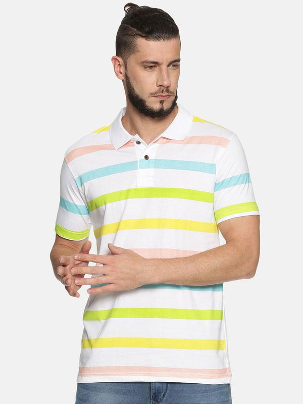 Men Striped Pure Cotton Polo Collar T-shirt